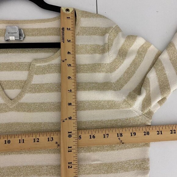 Chicos Sweater Womens 3 US XL Silk Blend Gold Metallic Sparkle Notch V Neck - Picture 7 of 8